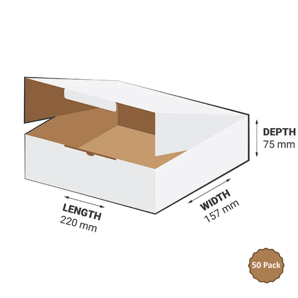 White Die-Cut Mailer Boxes 220x157x75mm 2.59L (50 Boxes) 1B-M259W